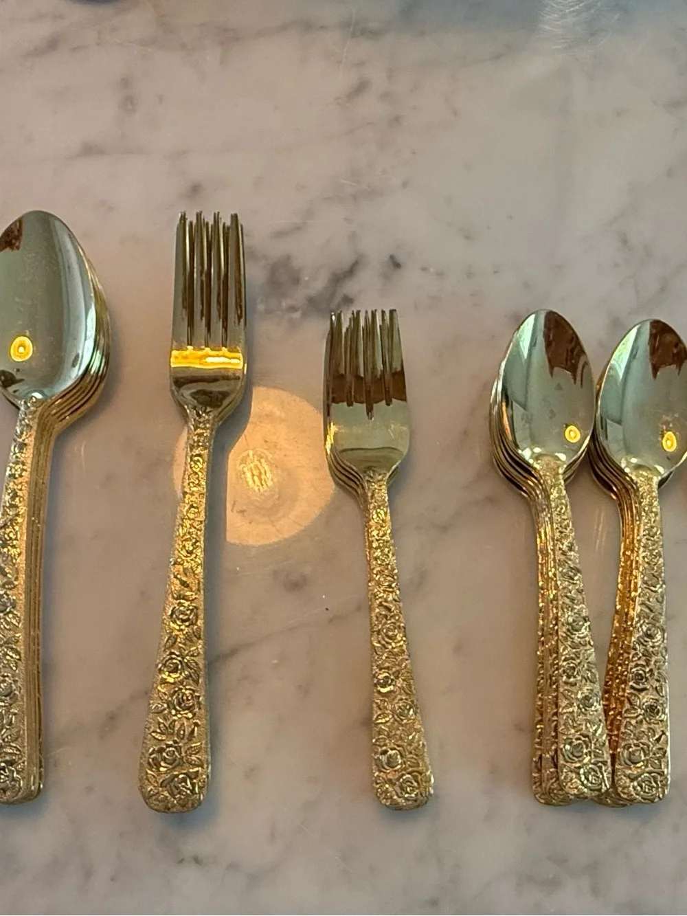 Cellini Romanesque 52 piece GOLD flatware set ROSE pattern For 8 + extra Srv Pcs